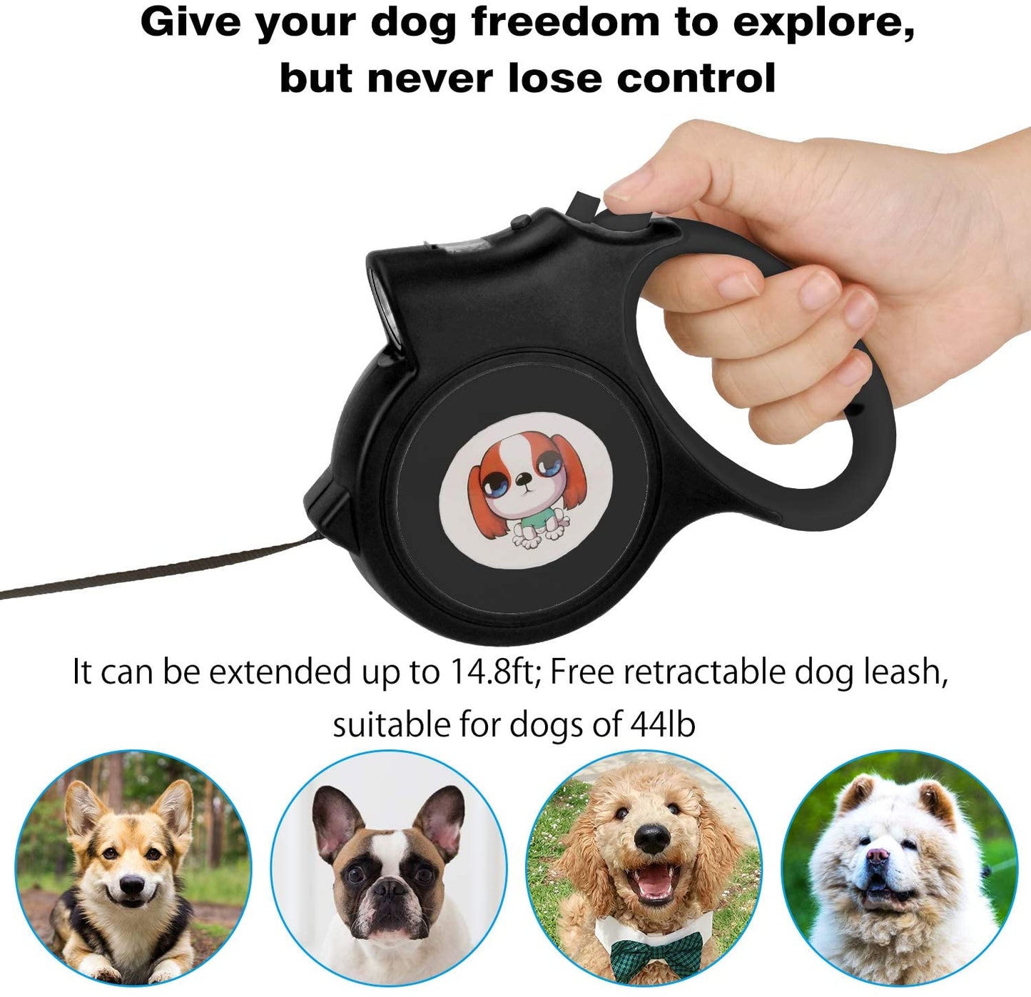 LED Retractable Dog Leash with Flashlight – 16.4 ft, Up to 55 lbs, Blue
