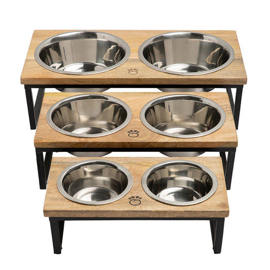 Three sizes of wood and metal elevated pet feeders: small, medium and large with stainless steel bowls