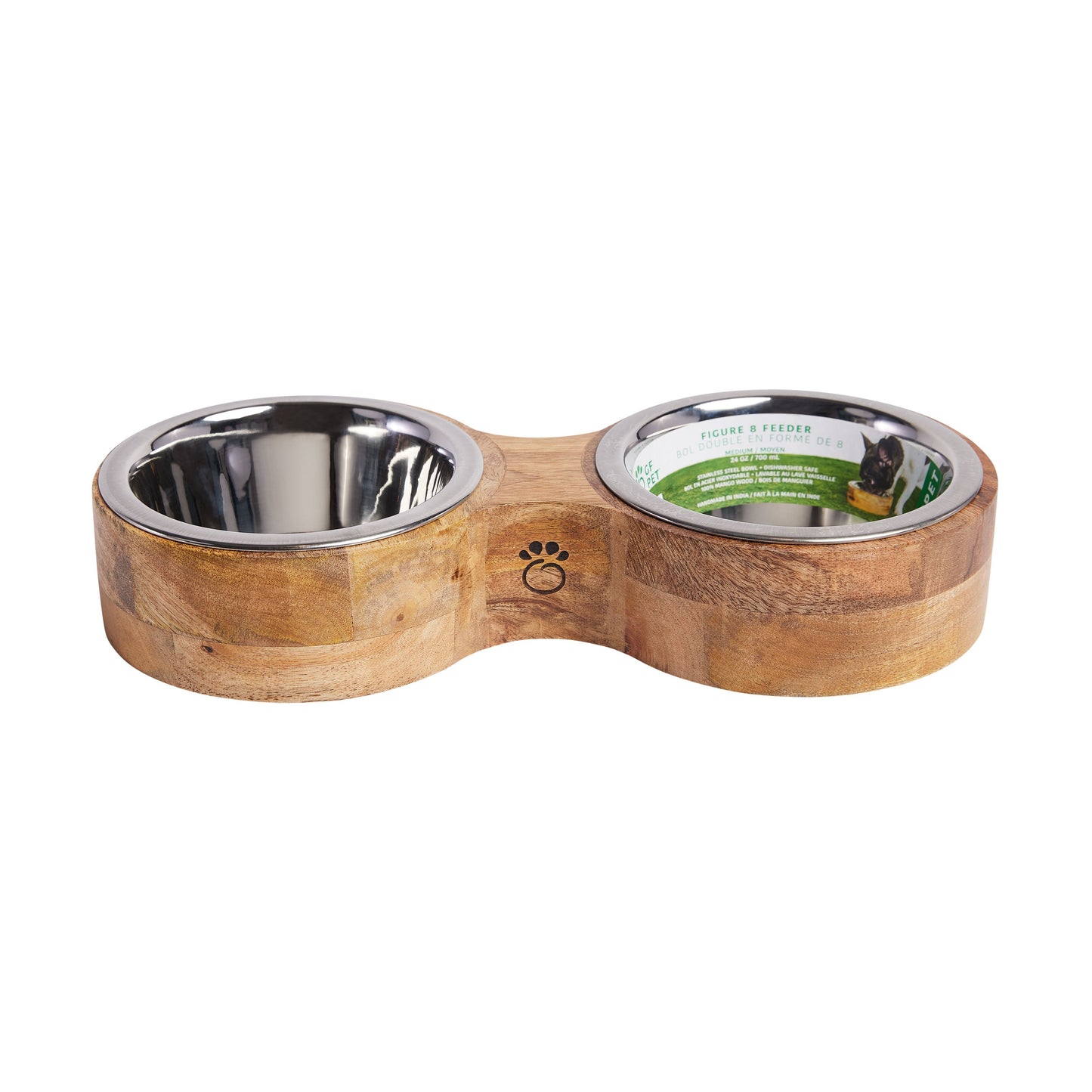 Mango wood figure-8 double diner pet feeder with two stainless steel bowls on white background