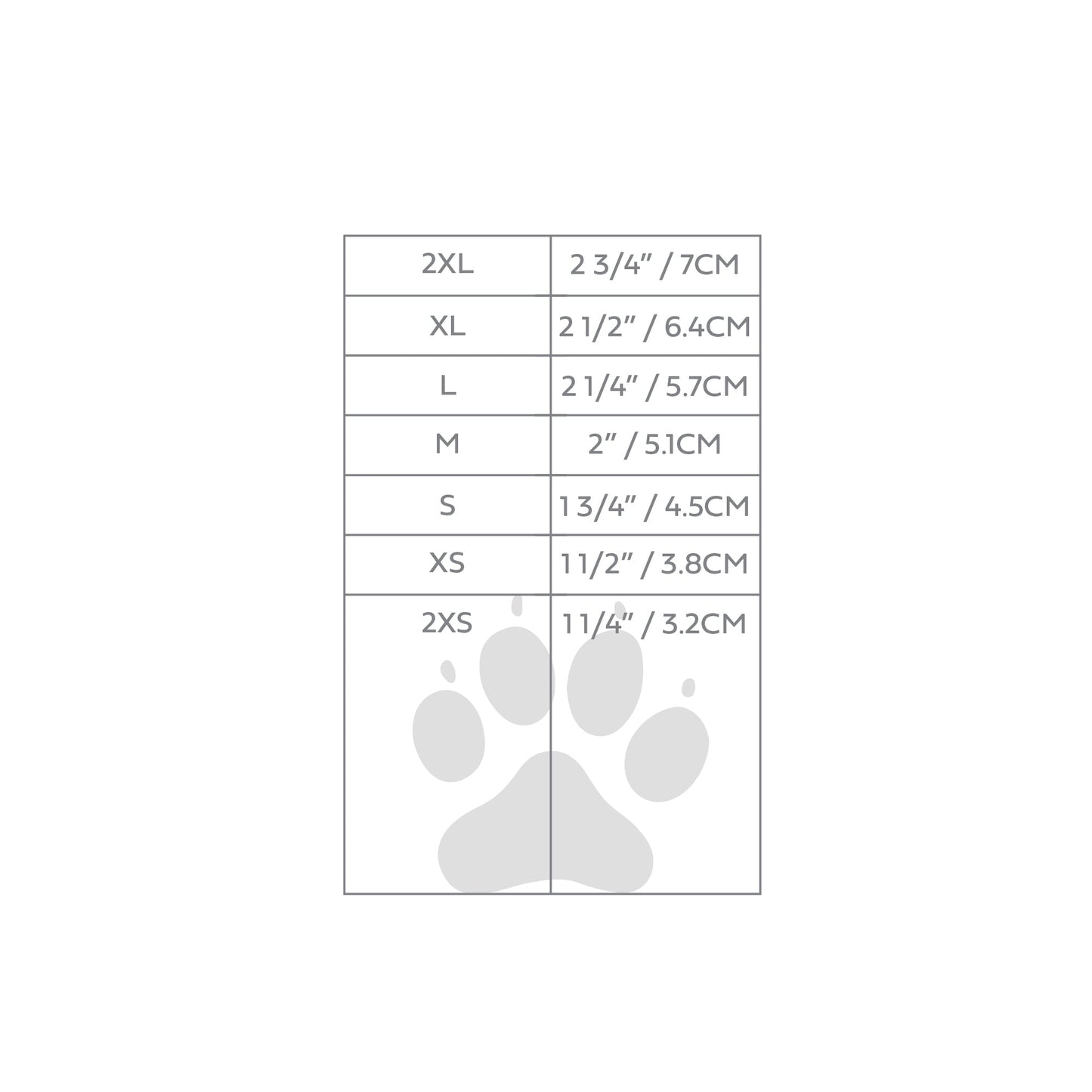 GF Pet all terrain dog boots size chart showing paw width measurements from 2XS to 2XL in inches and centimeters for perfect fit