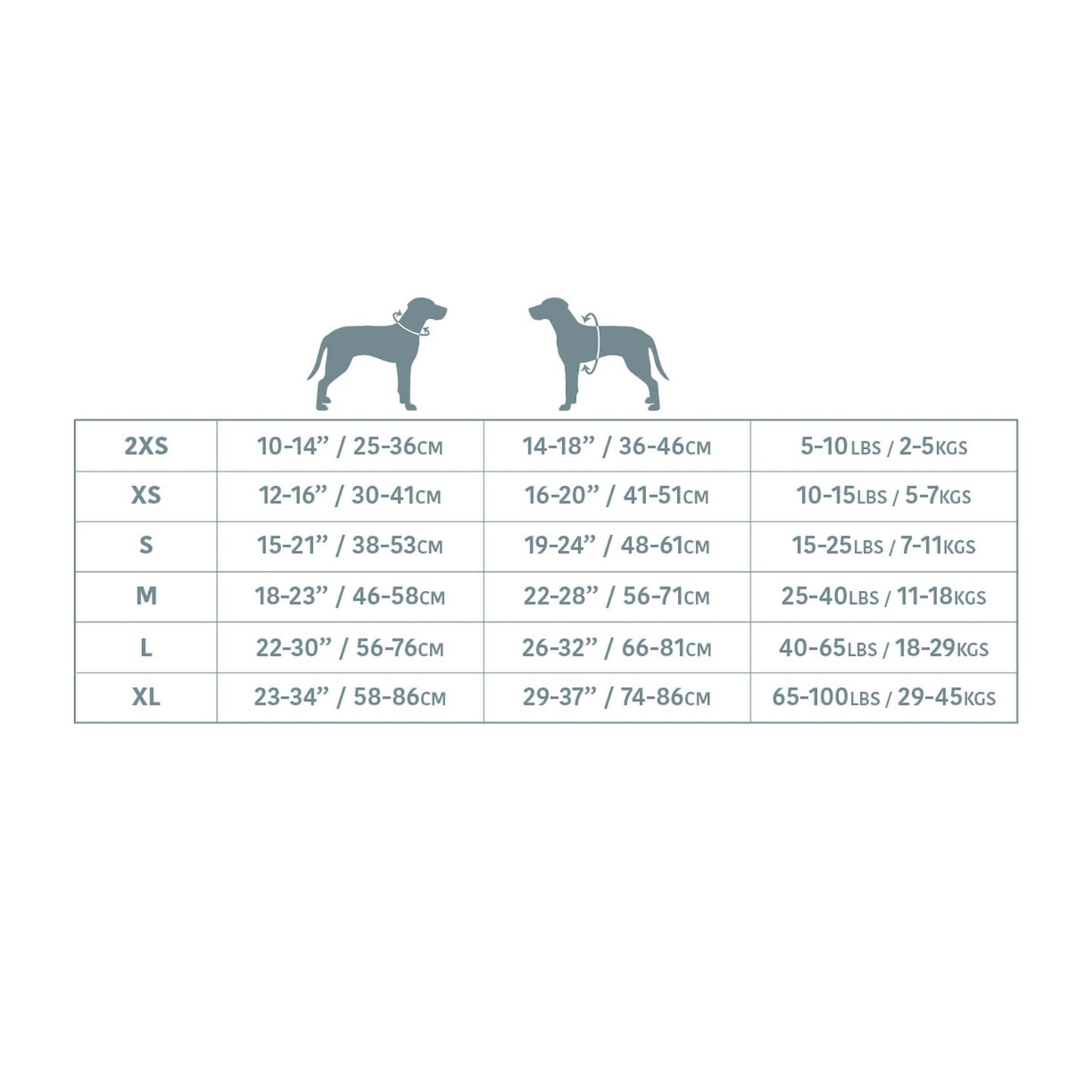 GF PET black travel harness size chart showing sizes 2XS to XL with neck girth, chest girth and weight measurements