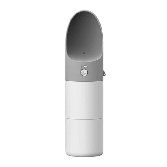 Instachew Rover pet travel water bottle in white and gray front view on white background showing one-button dispenser