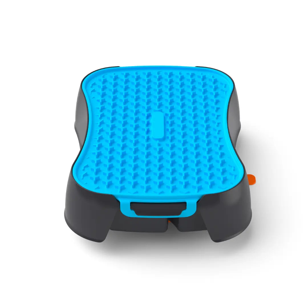 4-in-1 slow feeder dark grey dog bowl with blue lick mat, lateral view with handle