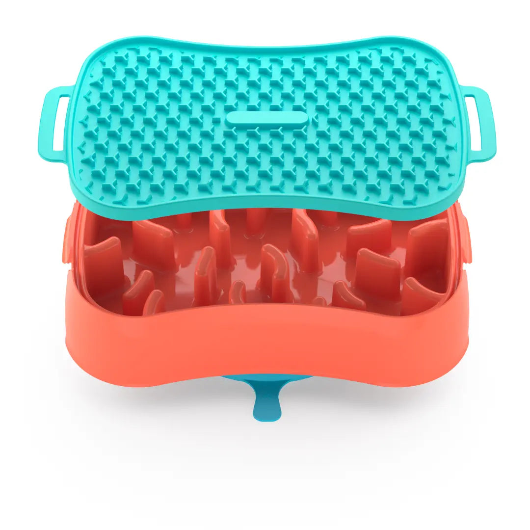 4-in-1 slow feeder dog bowl warm ocean red open, showing anti-bloat nubs with teal lick mat