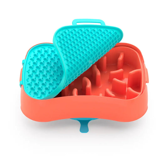 4-in-1 slow feeder dog bowl in warm ocean red with teal lick mat insert