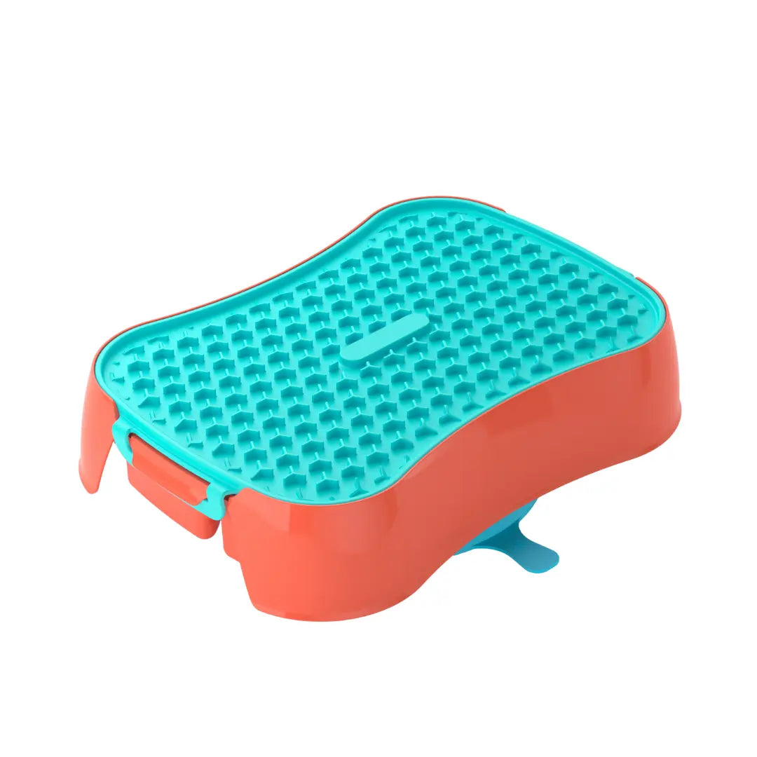 4-in-1 slow feeder dog bowl warm ocean red with teal lick mat closed, top view