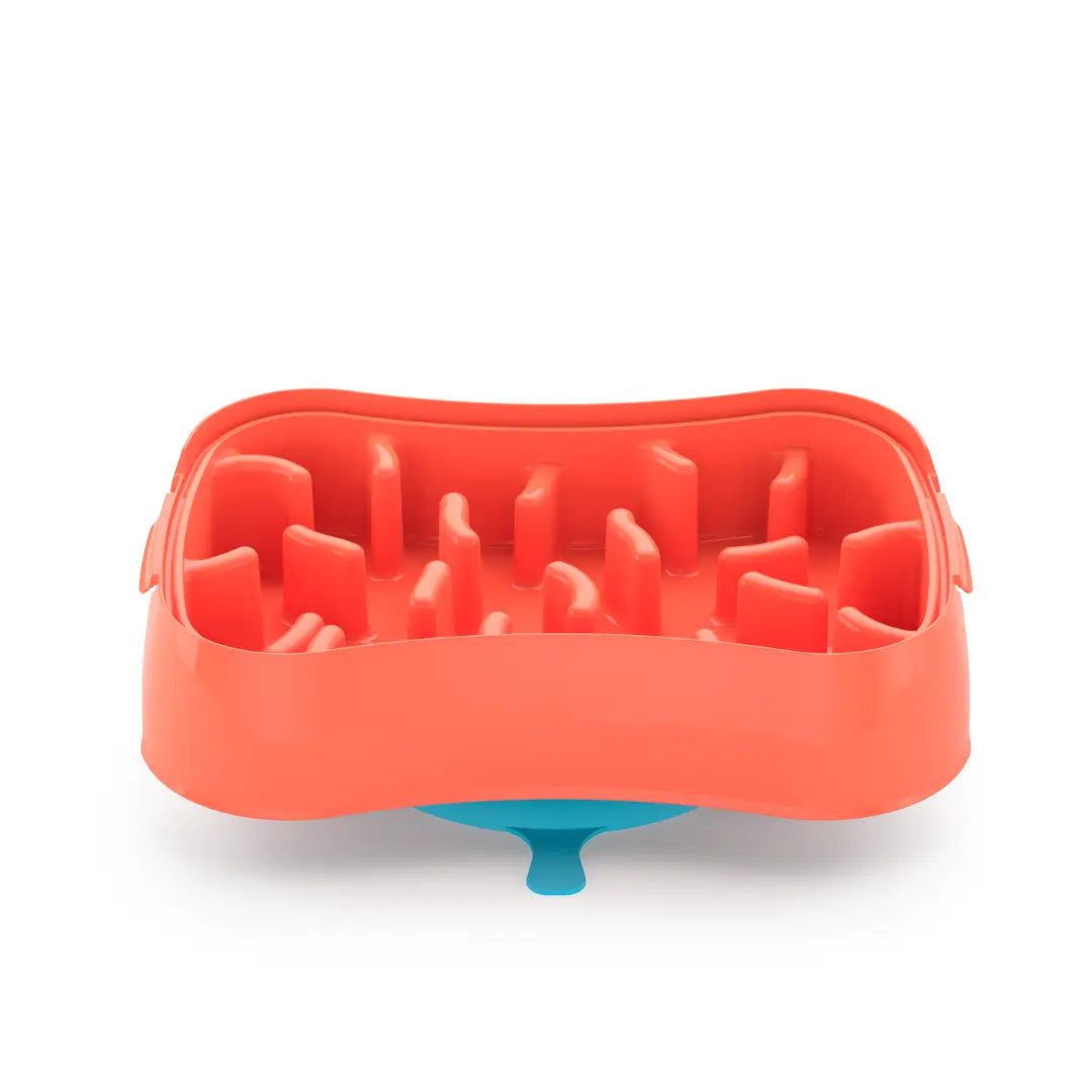 Warm ocean red slow feeder dog bowl interior showing anti-bloat nubs and teal suction base