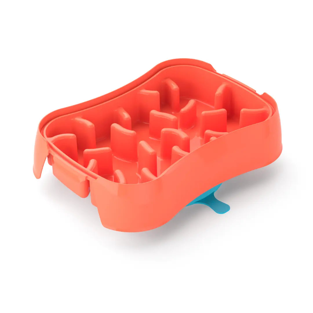 Warm ocean red 4-in-1 slow feeder dog bowl without lick mat, showing anti-bloat nubs