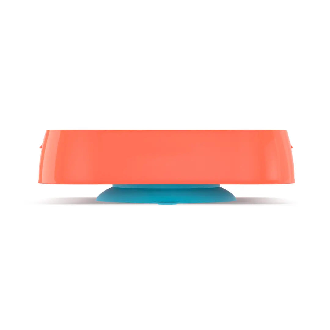 Coral slow feeder dog bowl on teal suction base, showing detachable base design