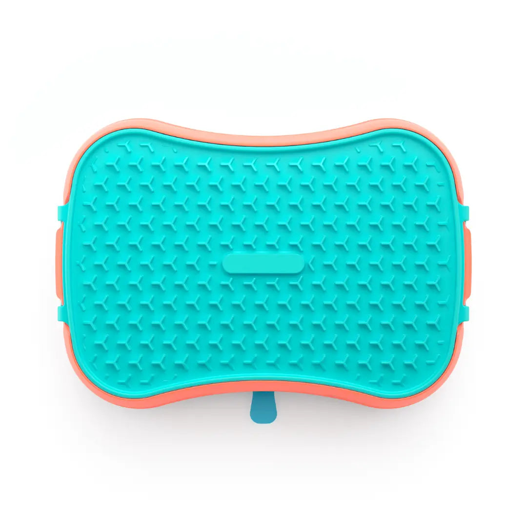 Warm ocean red slow feeder bowl with teal lick mat, top view