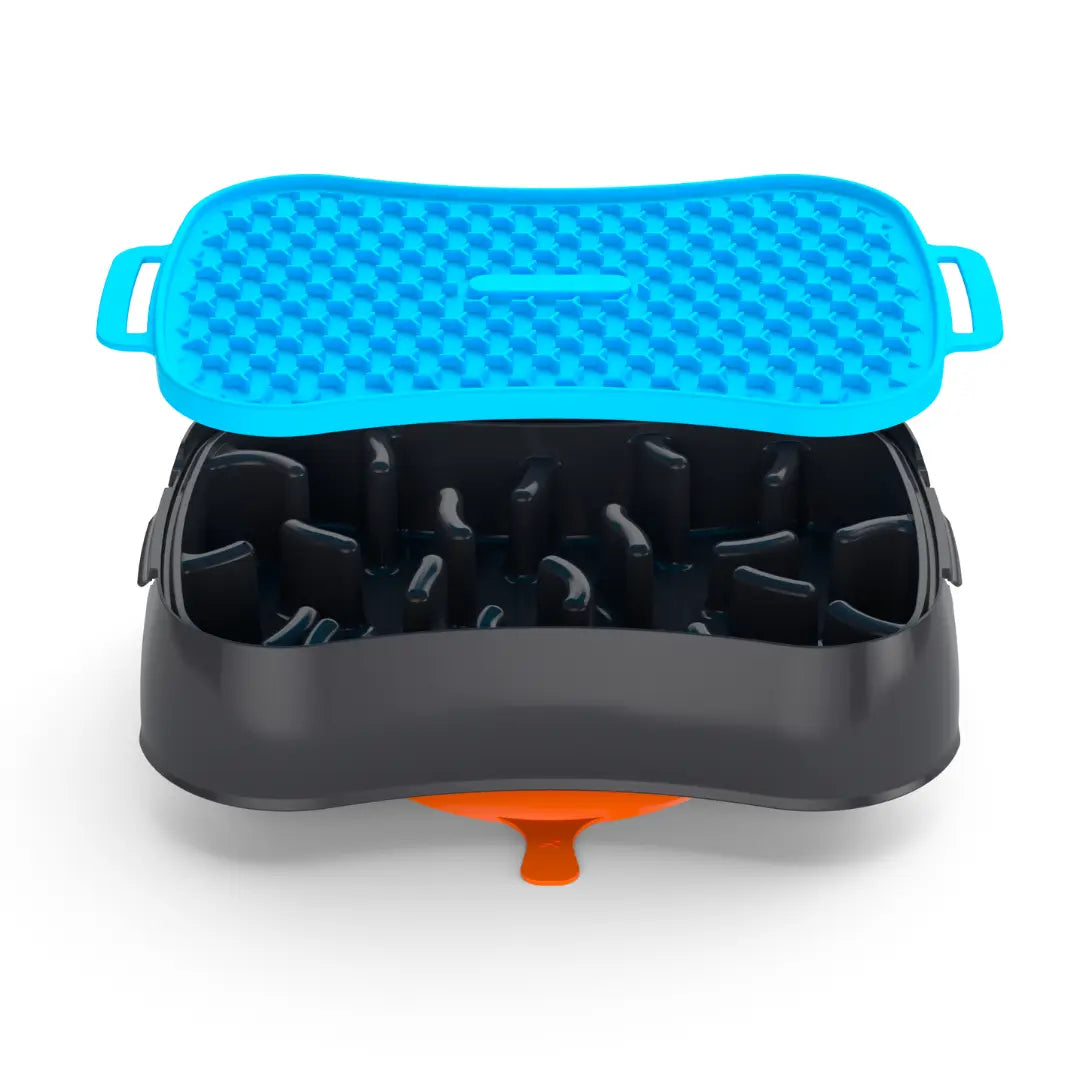 Blue lick mat tray open over 4-in-1 dark grey slow feeder dog bowl with suction base