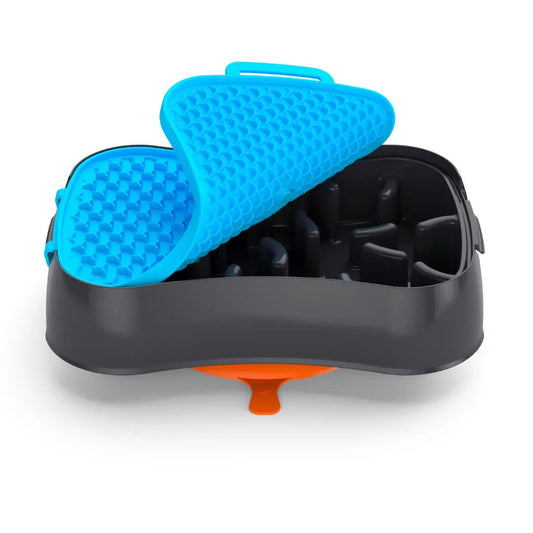 4-in-1 slow feeder dog bowl in blue with lick mat insert, suction base