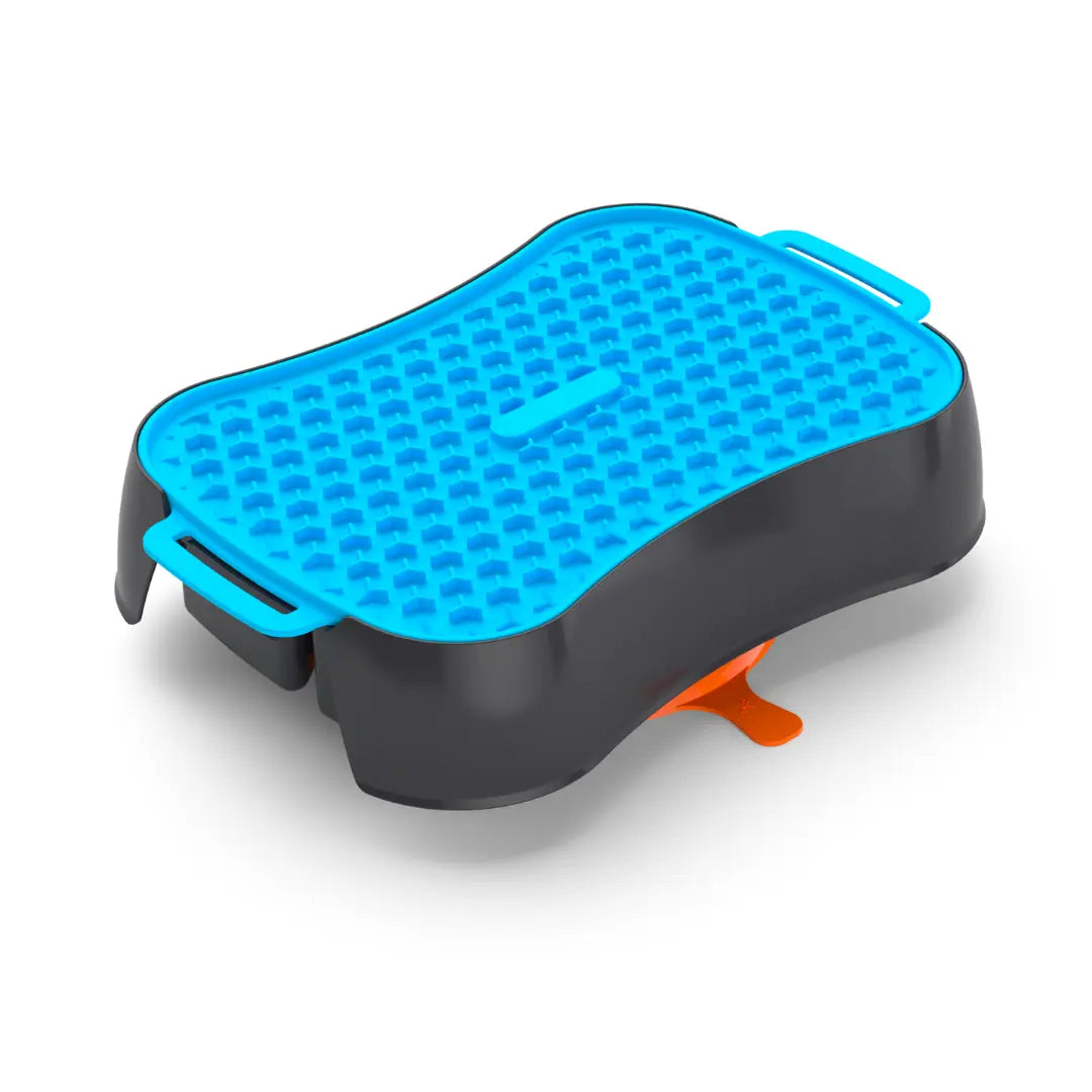 Blue bowl with lick mat on dark grey 4-in-1 slow feeder dog bowl, closed front view