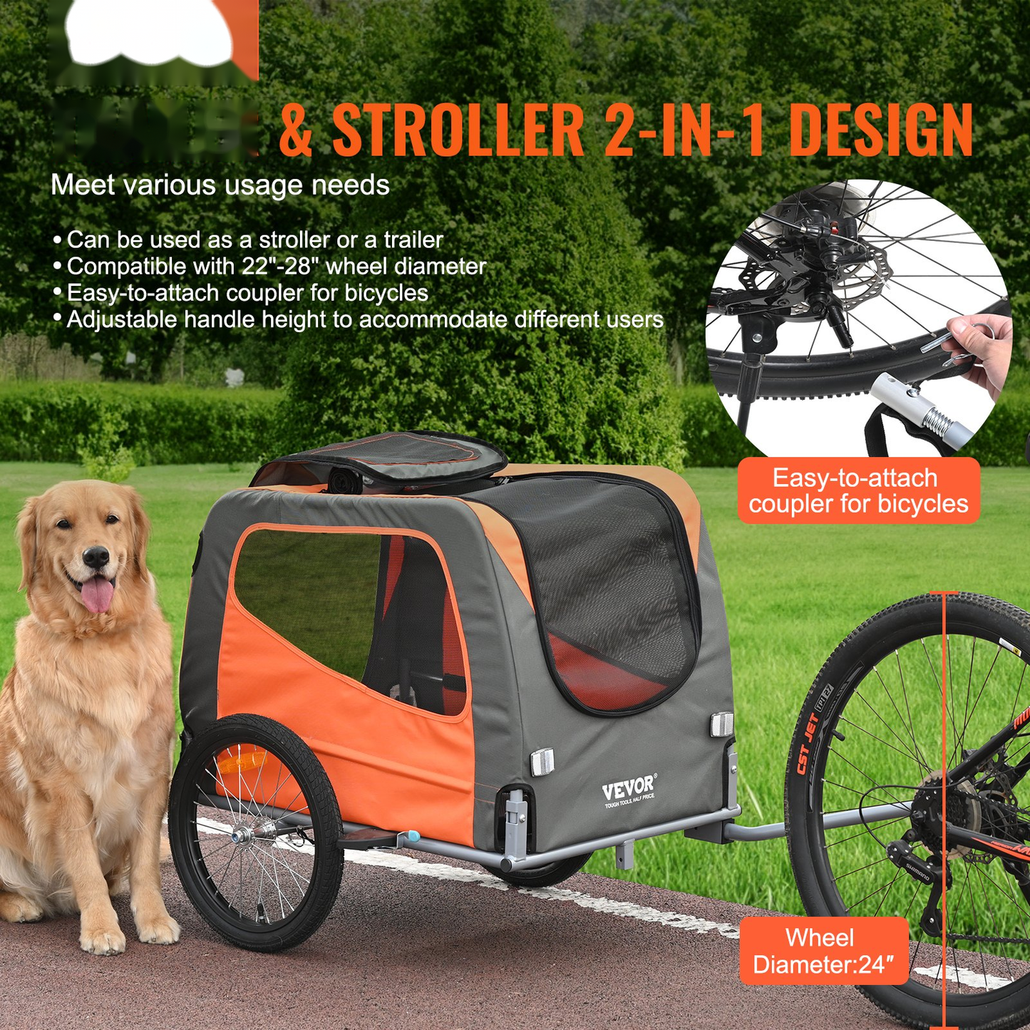 Dog Bike Trailer & Stroller – 66 lb Combo