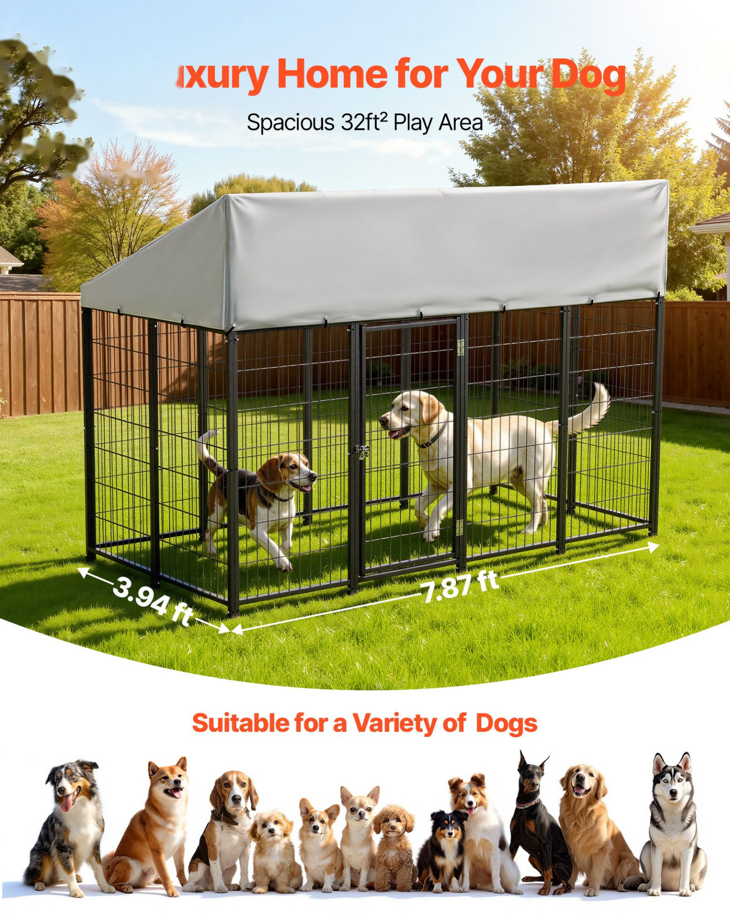 Outdoor Dog Kennel Run – Waterproof Roof & Covered Base