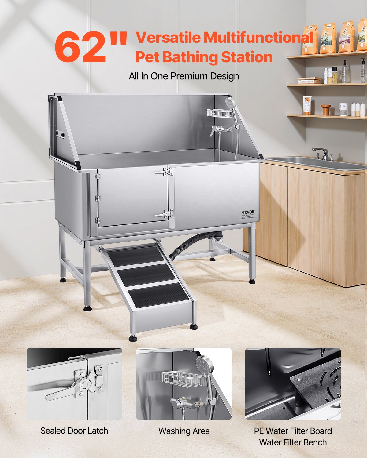 62-Inch Stainless Steel Dog Washing Station with Ramp