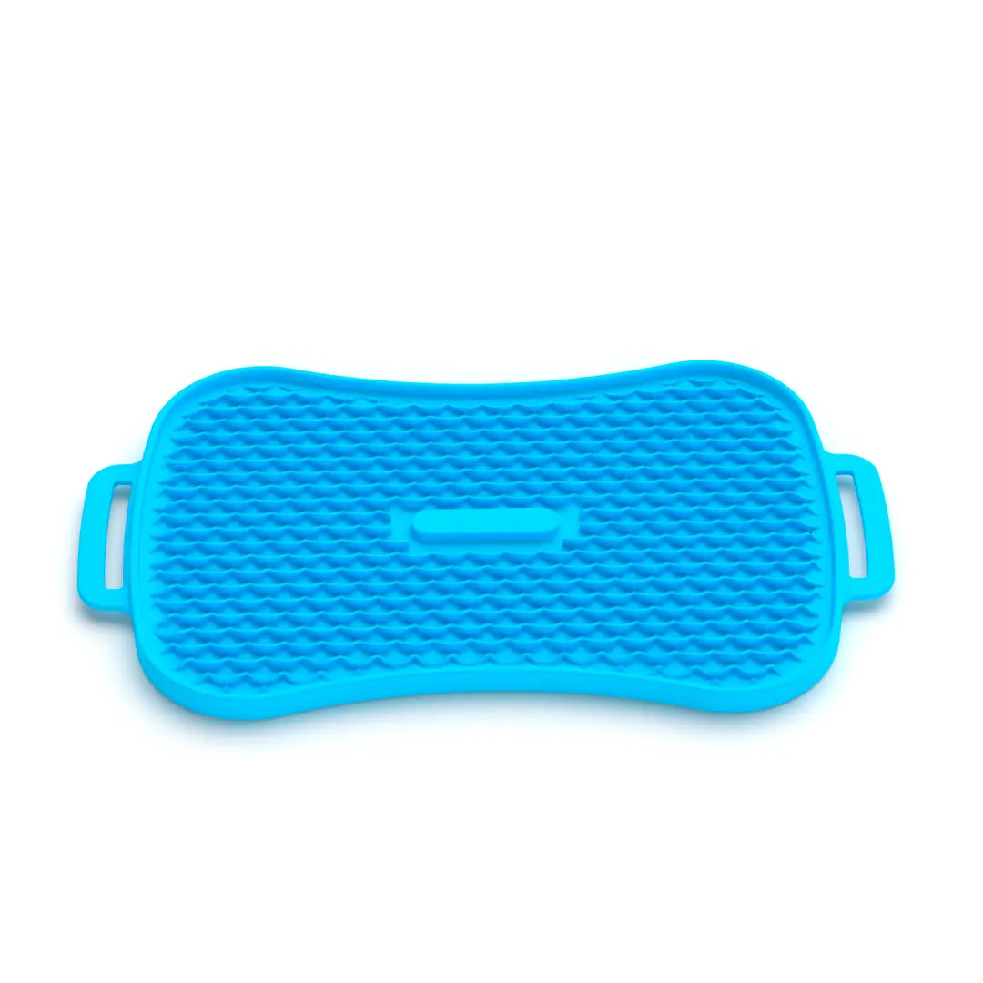 Teal blue silicone lick mat for 4-in-1 slow feeder dog bowl with handles