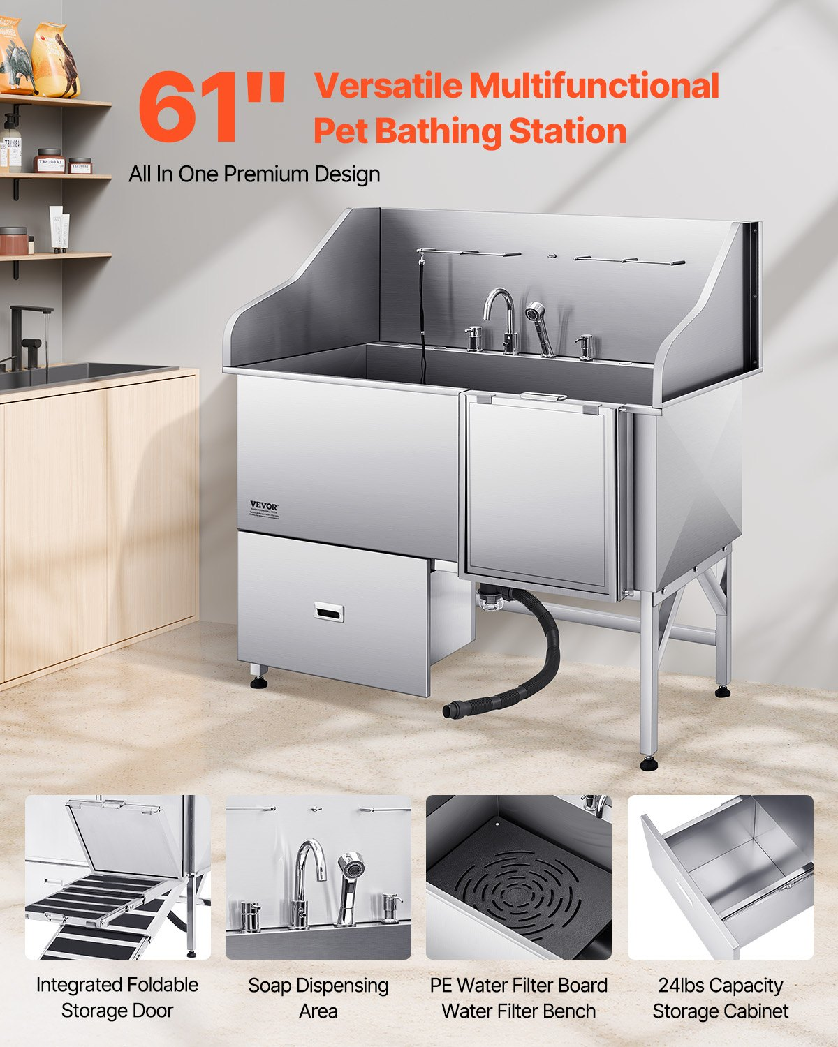 Stainless Steel Dog Washing Station Tub with Ramp 61"