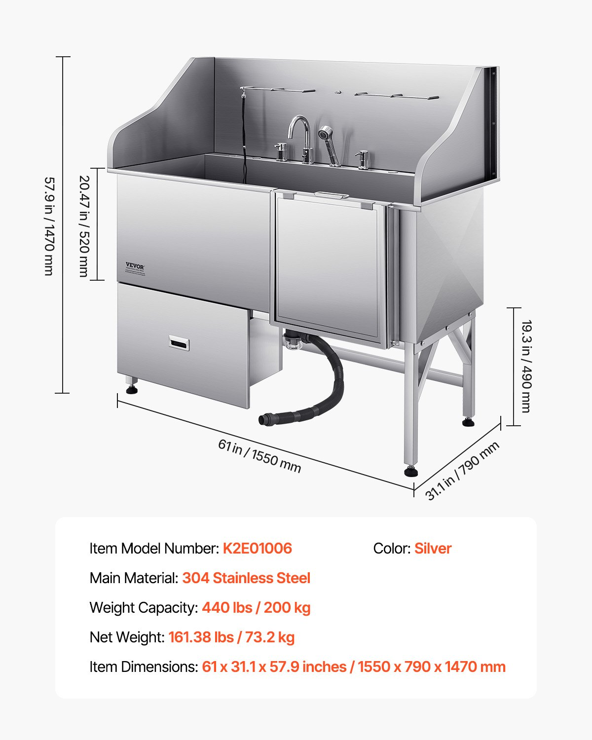Stainless Steel Dog Washing Station Tub with Ramp 61" – photo 6