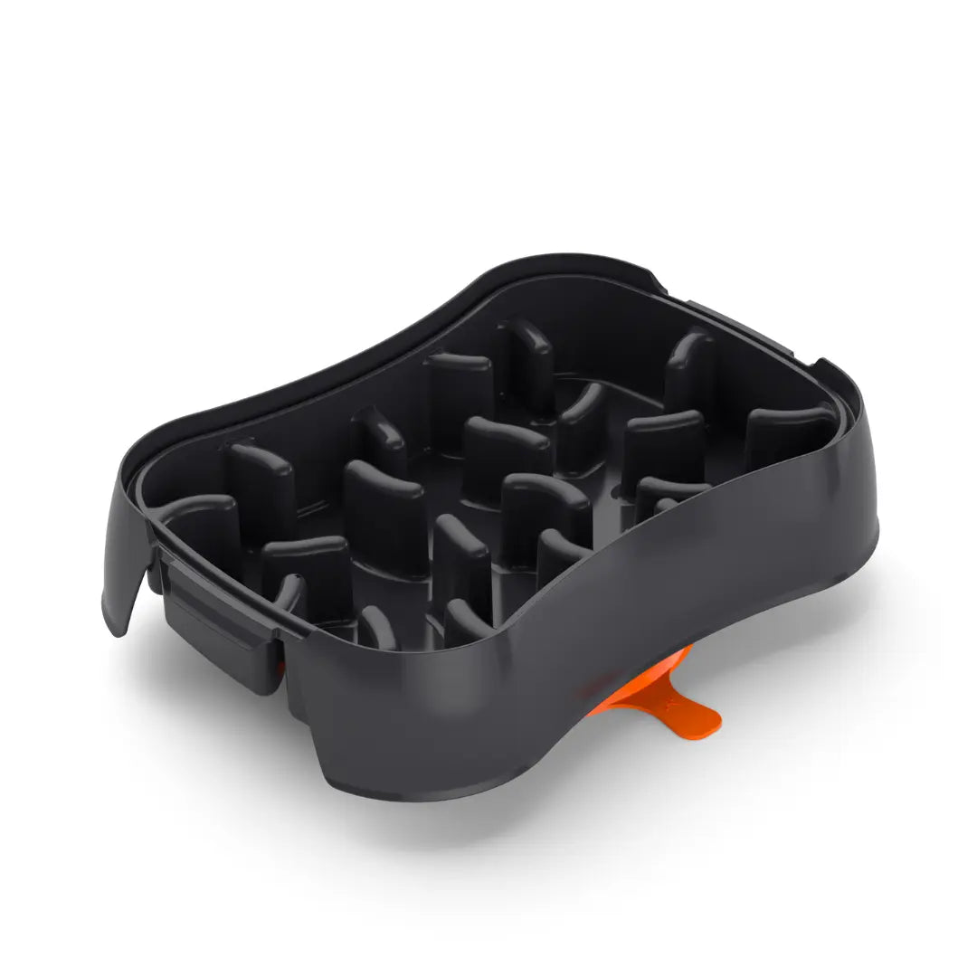 Dark grey 4-in-1 slow feeder dog bowl angled top view, showing deep anti-bloat nubs