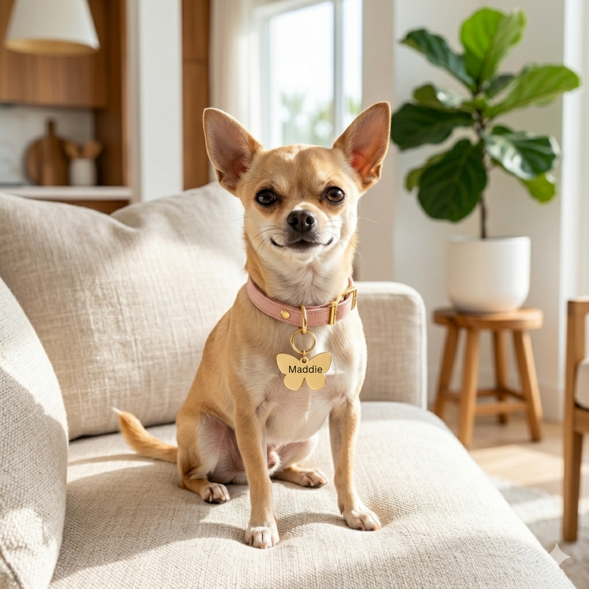 Chihuahua dog wearing custom butterfly pet ID tag with personalized name engraving