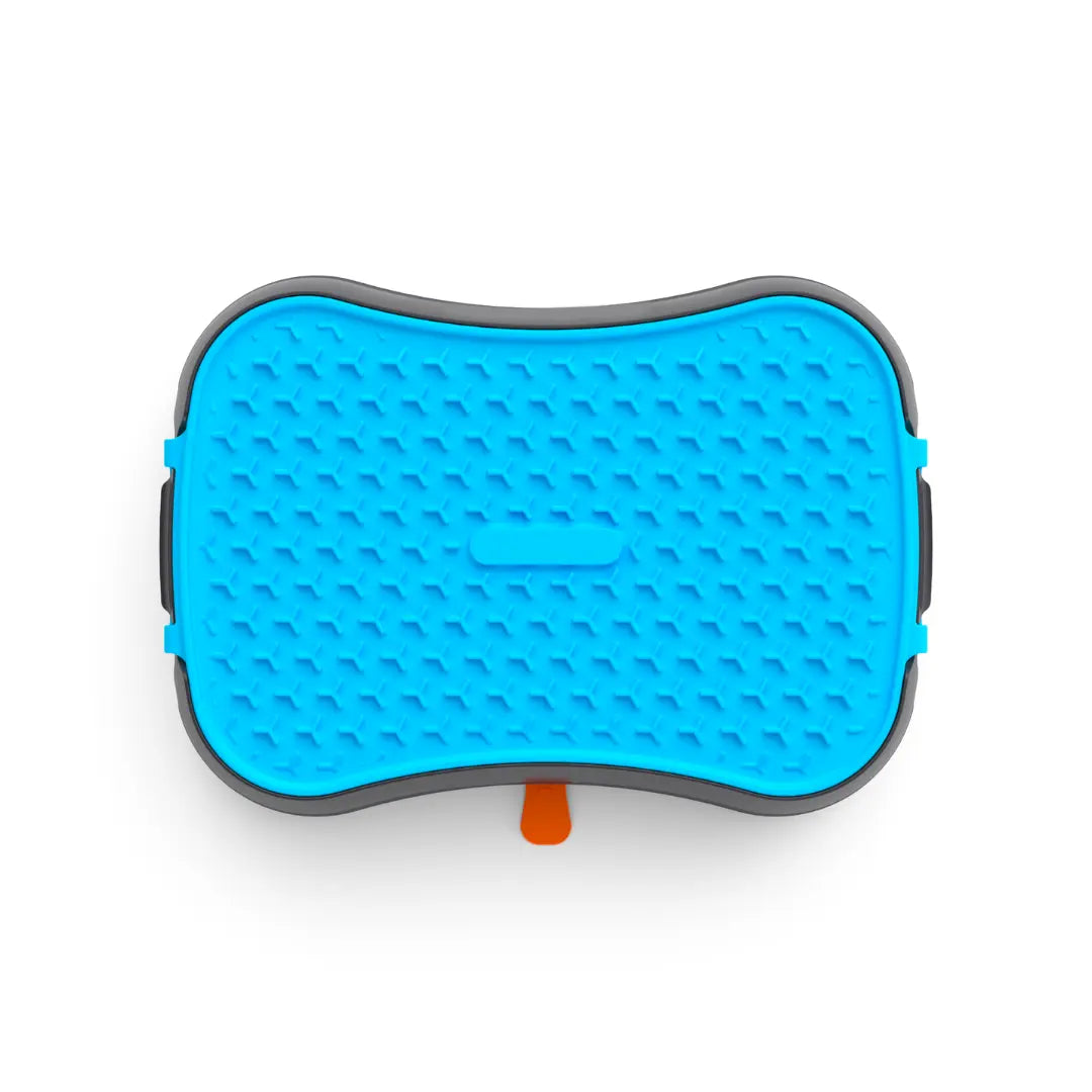Blue lick mat on dark grey 4-in-1 slow feeder dog bowl, closed top view with suction base