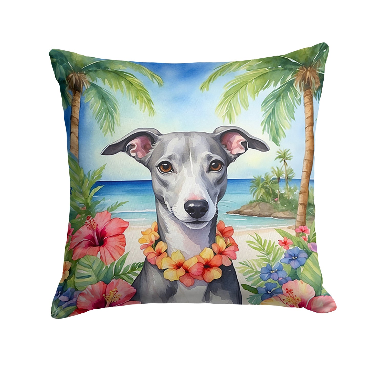 Whippet Dog Luau Art Throw Pillow – Outdoor Resistant