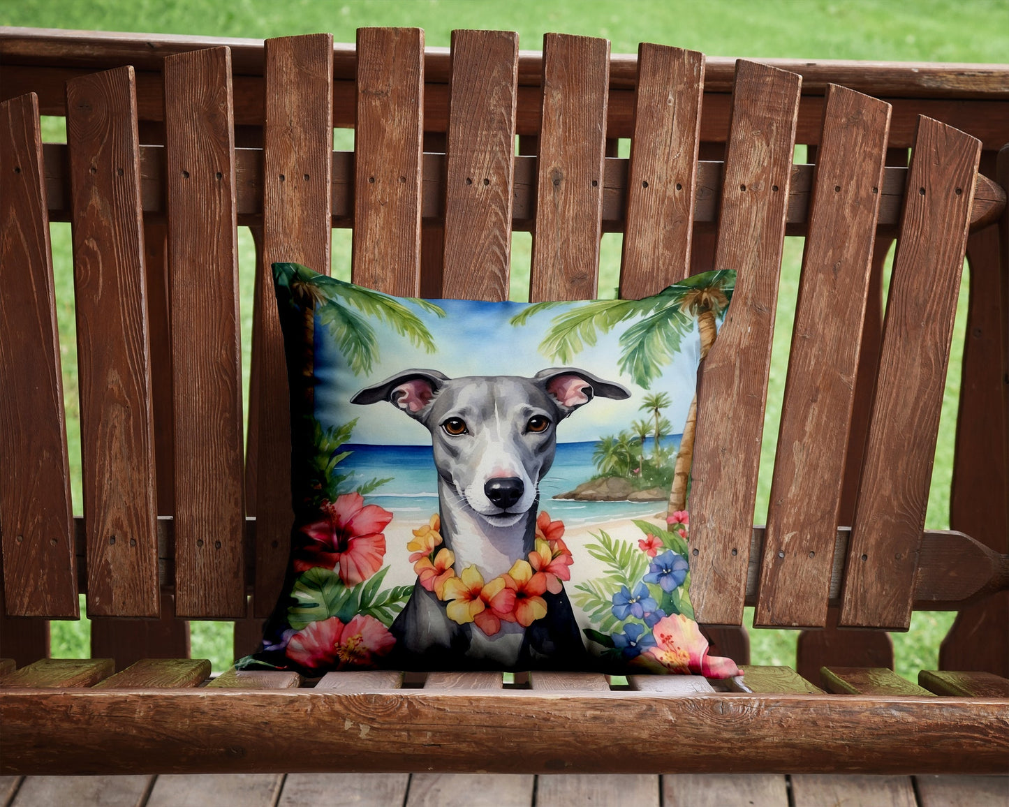 Whippet Dog Luau Art Throw Pillow – Outdoor Resistant