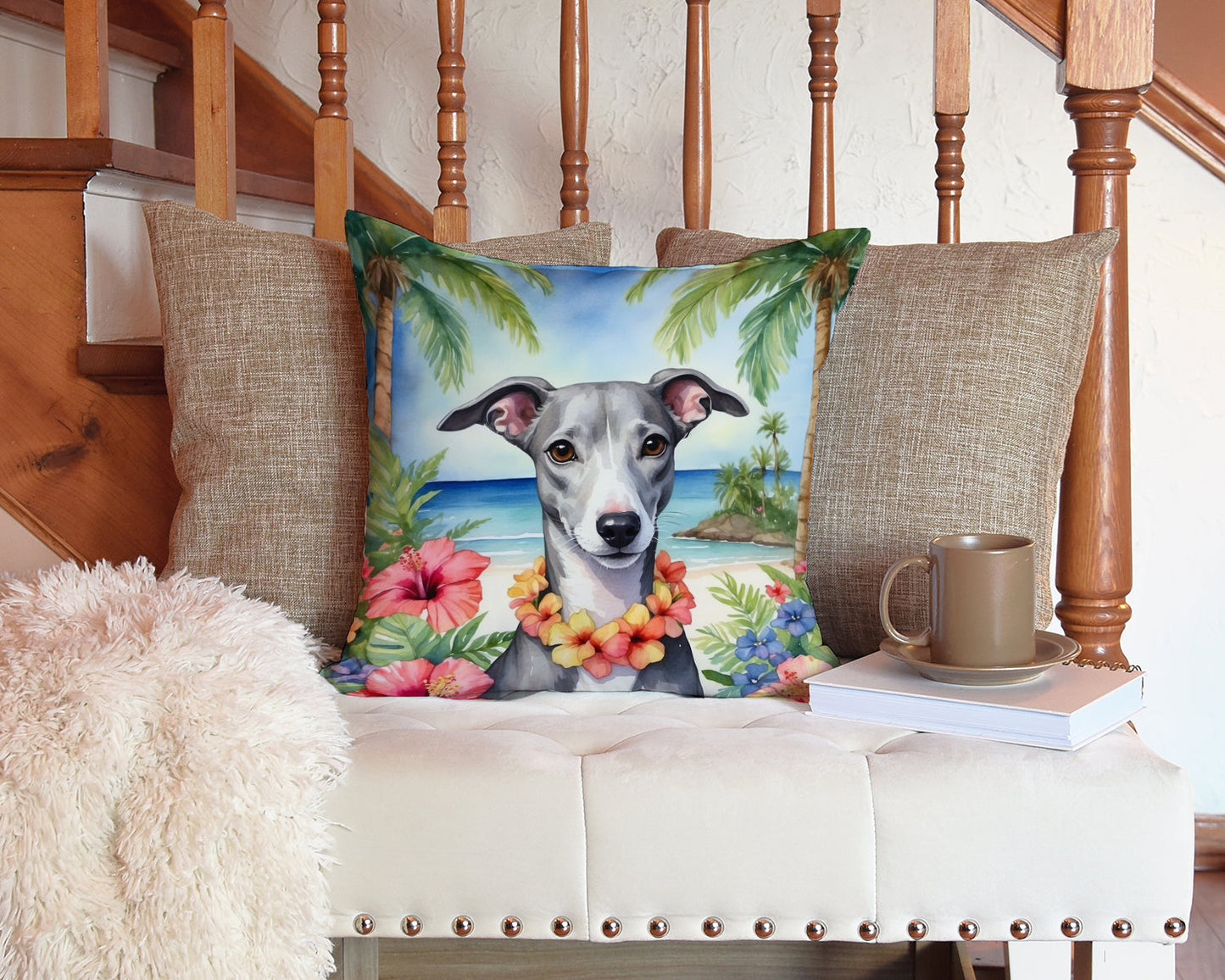 Whippet Dog Luau Art Throw Pillow – Outdoor Resistant