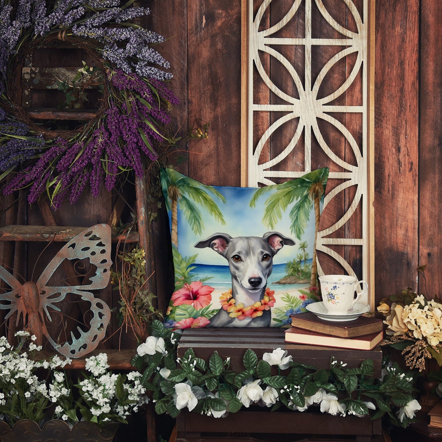 Whippet Dog Luau Art Throw Pillow – Outdoor Resistant