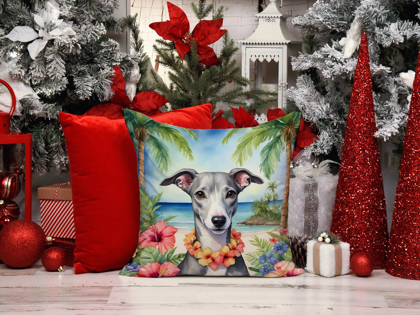 Whippet Dog Luau Art Throw Pillow – Outdoor Resistant