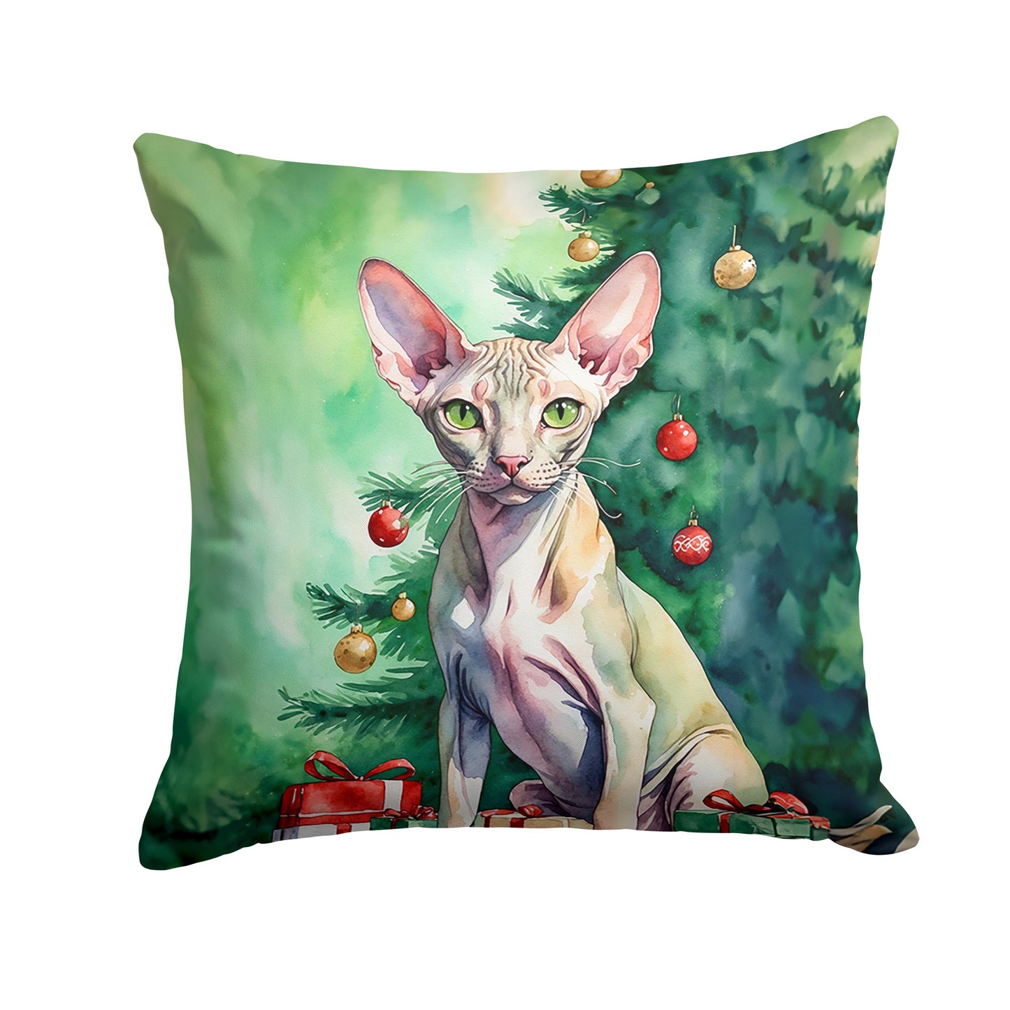 Peterbald Cat Christmas Tree Throw Pillow – 18x18in