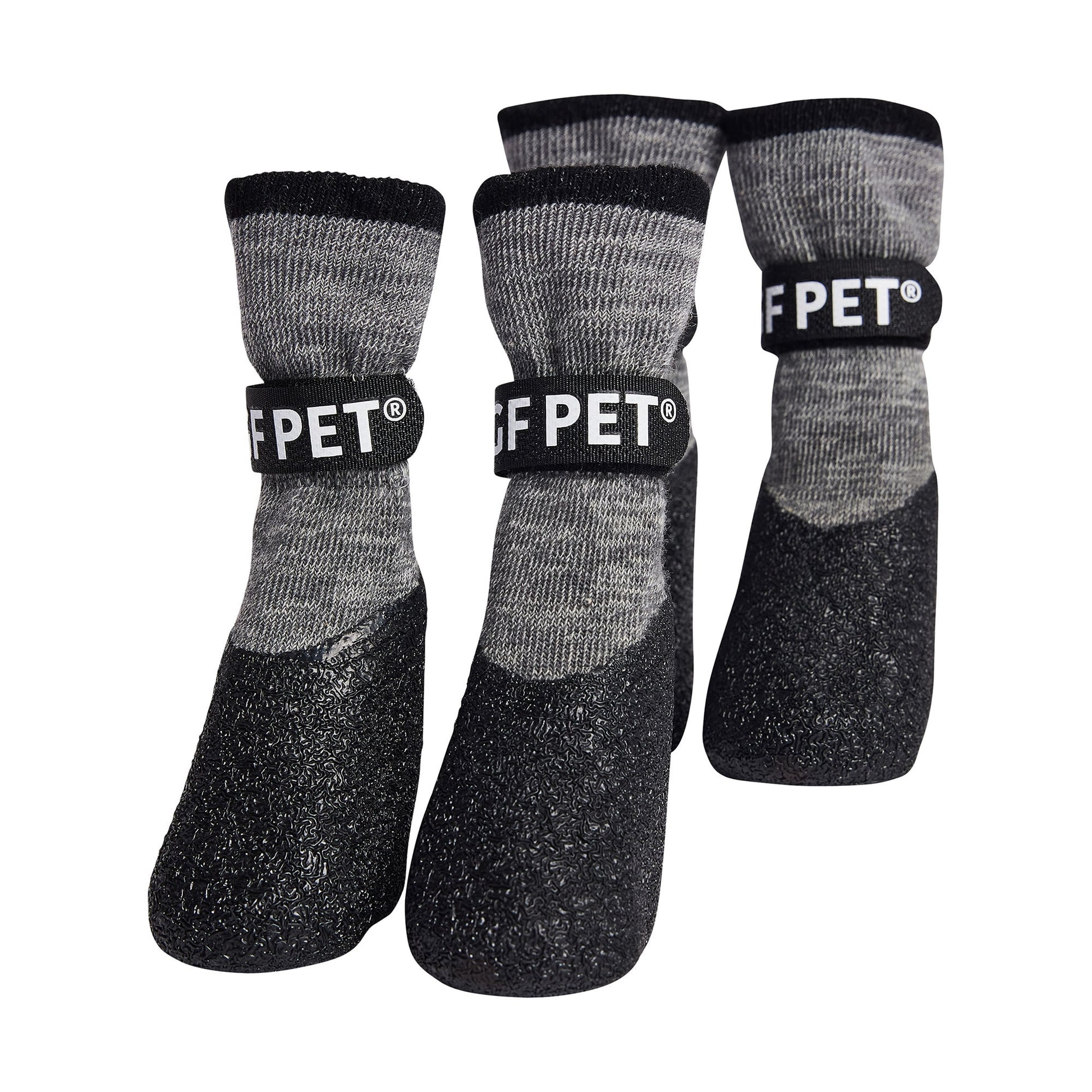 GF Pet charcoal all terrain waterproof dog boots set showing three sizes with GF Pet logo strap and anti-slip sole