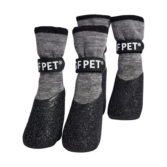 GF Pet charcoal all terrain waterproof dog boots set showing three sizes with GF Pet logo strap and anti-slip sole