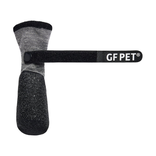 Close-up of single GF Pet charcoal all terrain waterproof dog boot showing adjustable hook and loop Velcro strap