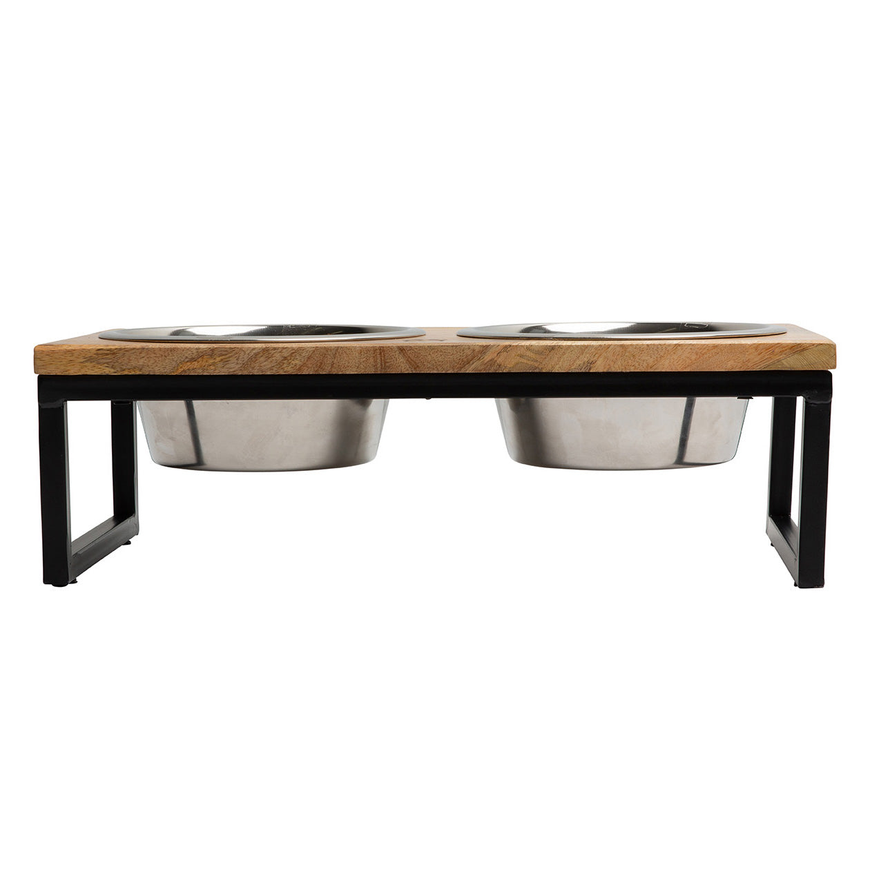Wood and metal elevated dog feeder with two stainless steel bowls, mango wood top
