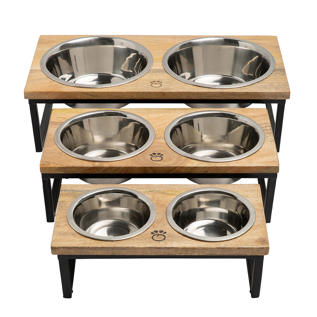 Three sizes of wood and metal elevated pet feeders: small, medium and large with stainless steel bowls
