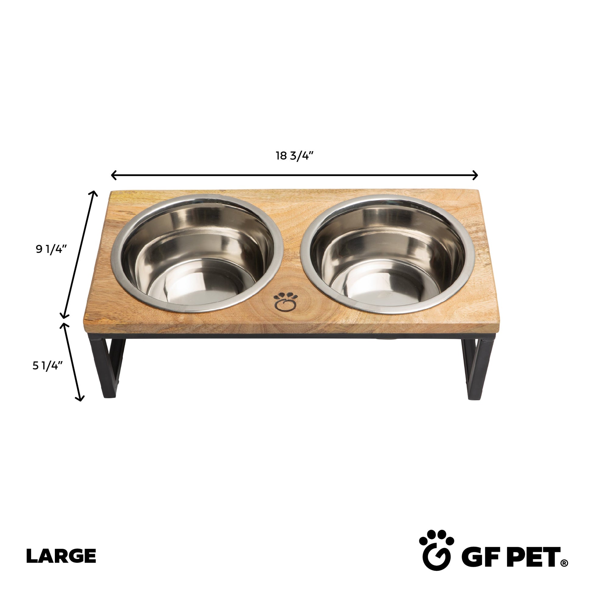 Dimensions diagram of large size mango wood elevated pet feeder by GF Pet