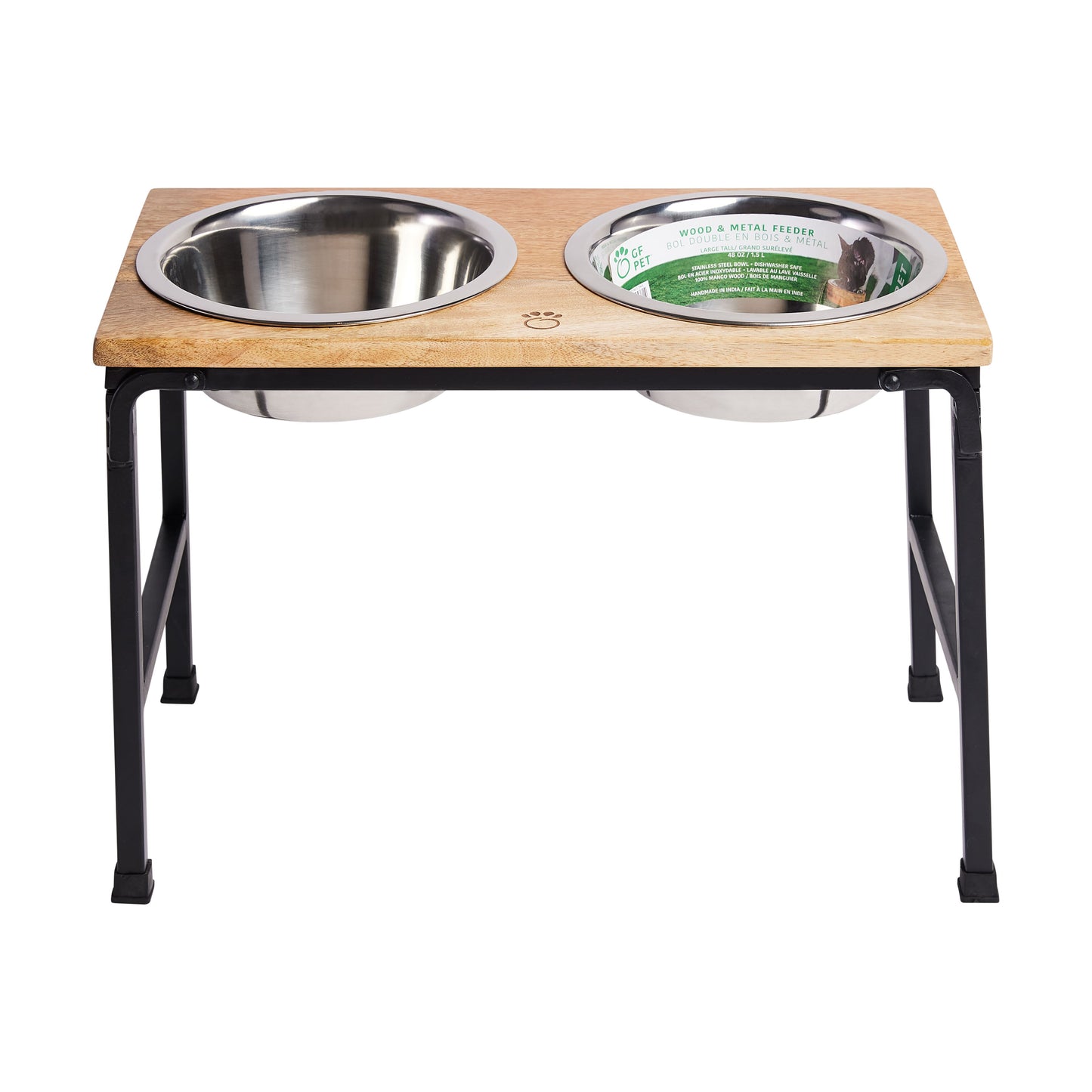 Large Tall elevated mango wood pet feeder with two stainless steel bowls, front view
