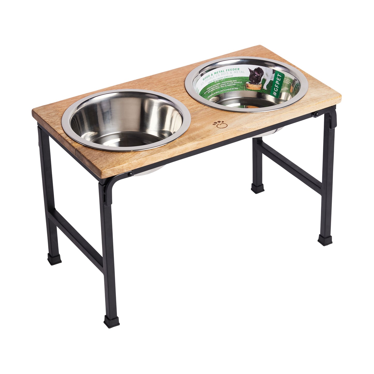 Elevated mango wood pet feeder Large Tall size, angled view showing stainless steel bowls