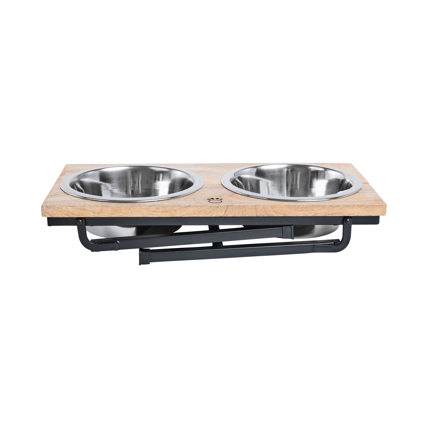 Mango wood elevated dog feeder Large Tall, bottom angled view with stainless steel bowls