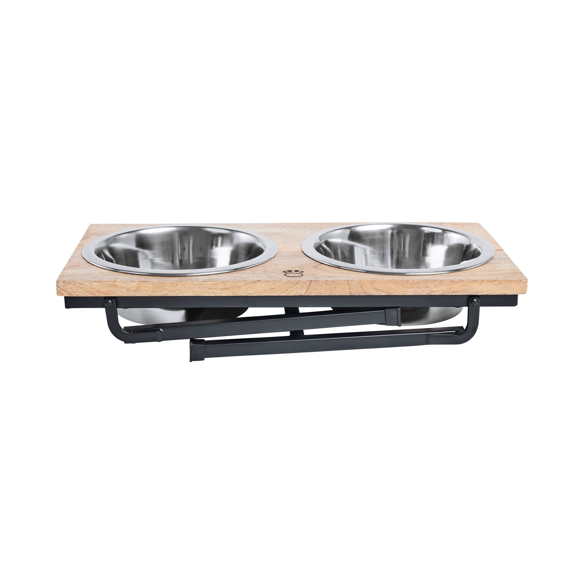 Mango wood elevated dog feeder Large Tall, bottom angled view with stainless steel bowls