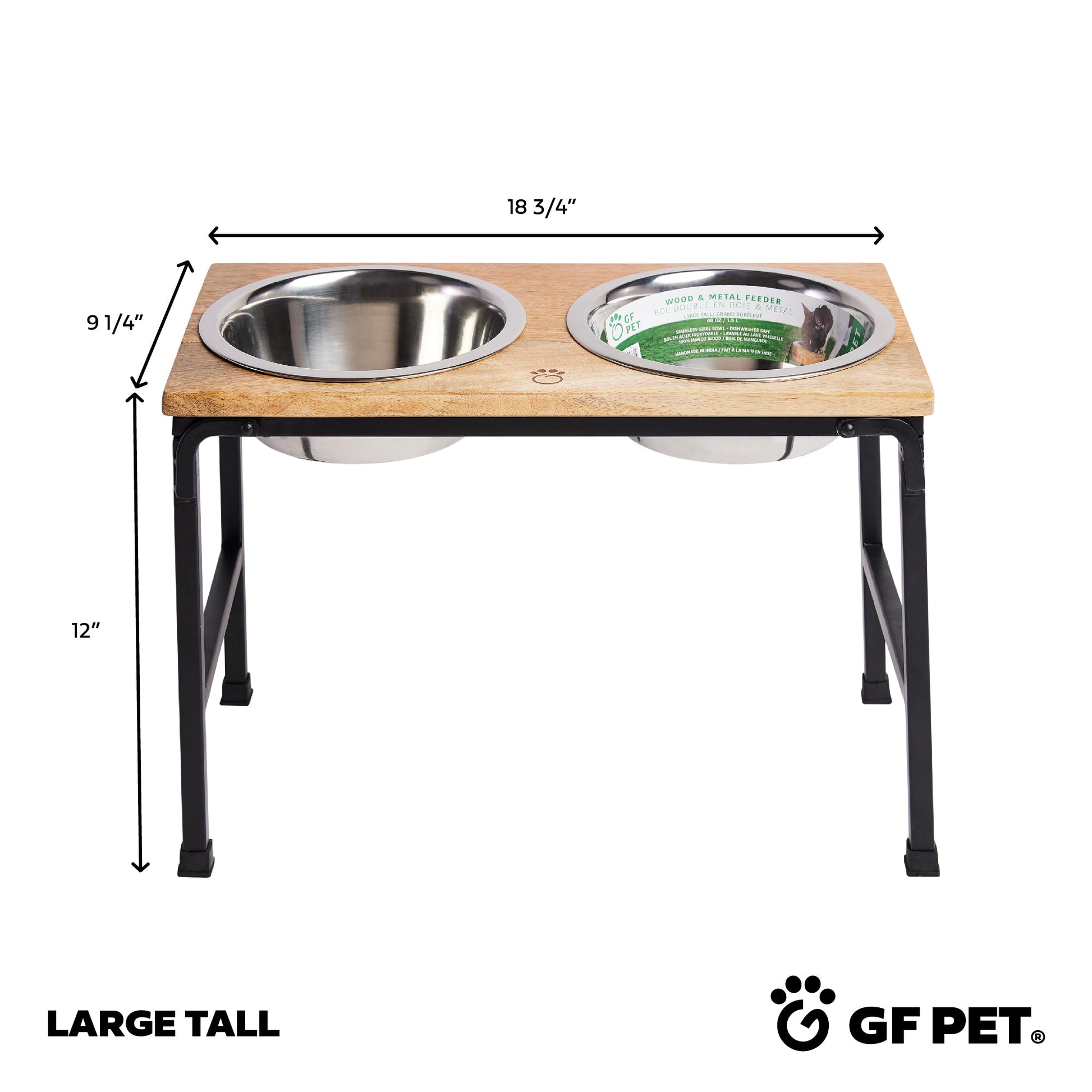 Dimensions diagram of Large Tall mango wood elevated pet feeder by GF Pet