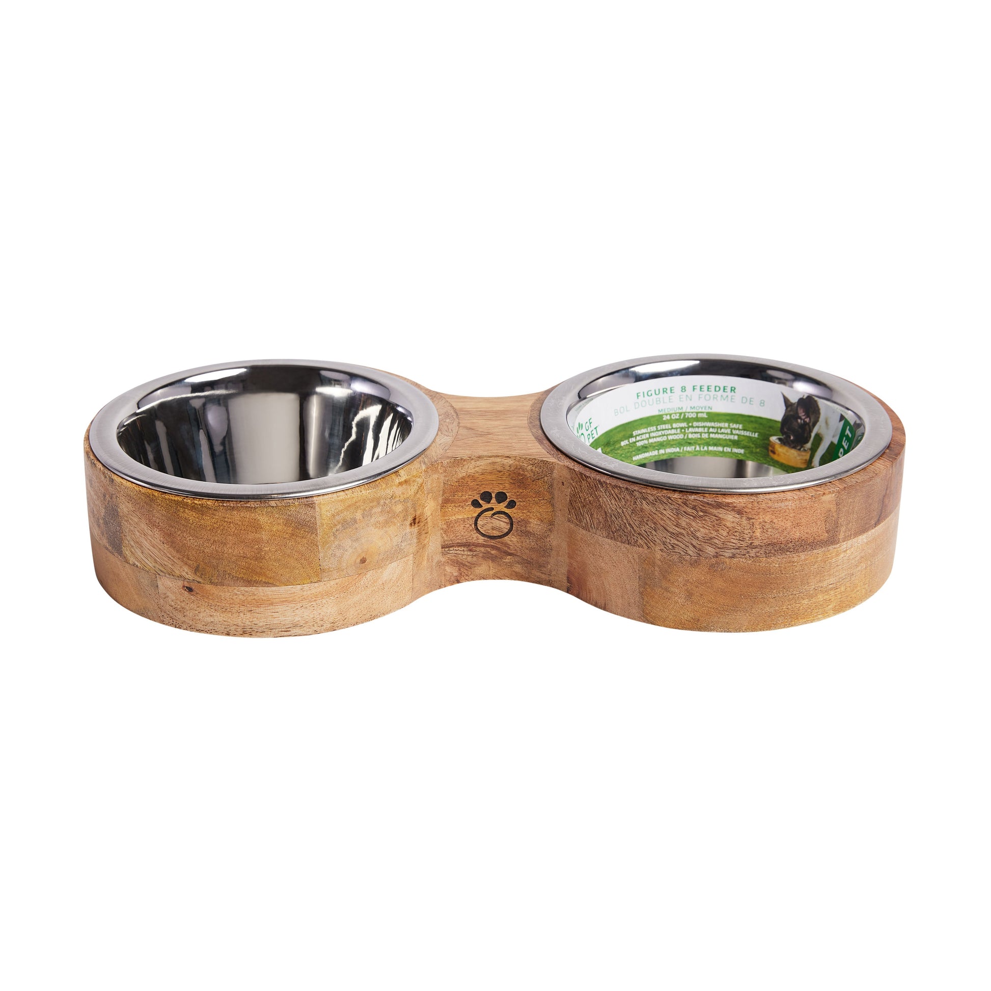 Mango wood figure-8 double diner pet feeder with two stainless steel bowls on white background