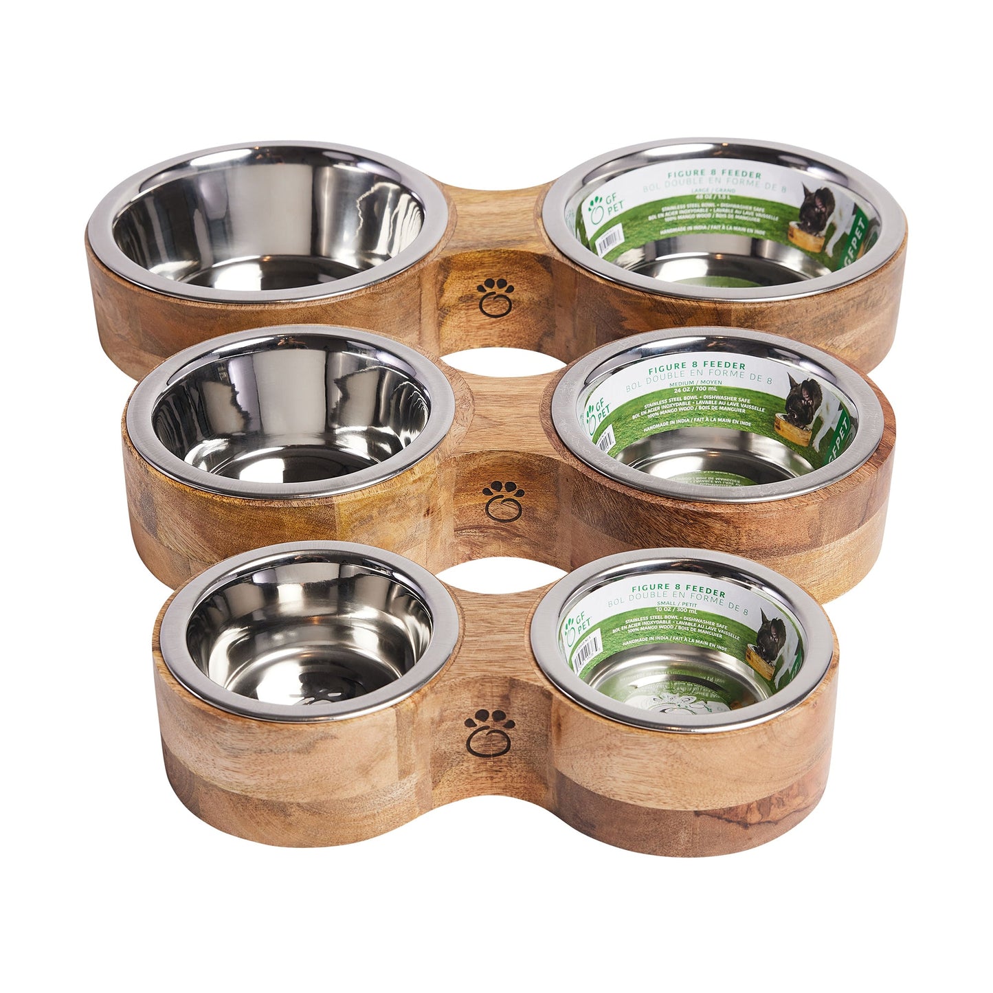 Mango wood double diner pet feeders in three sizes showing six stainless steel bowls on white background