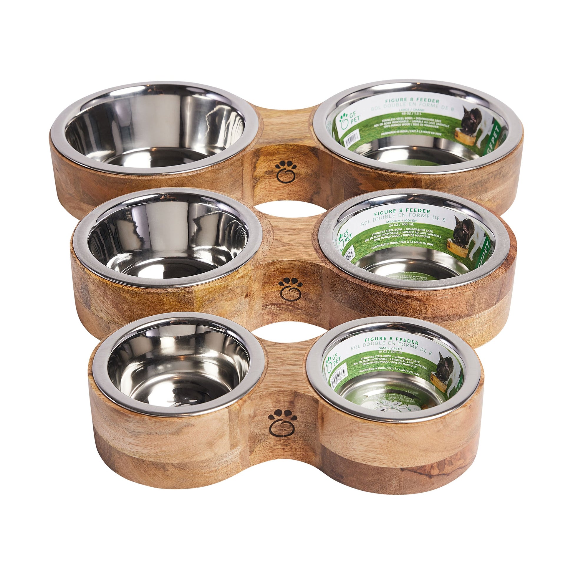 Mango wood double diner pet feeders in three sizes showing six stainless steel bowls on white background