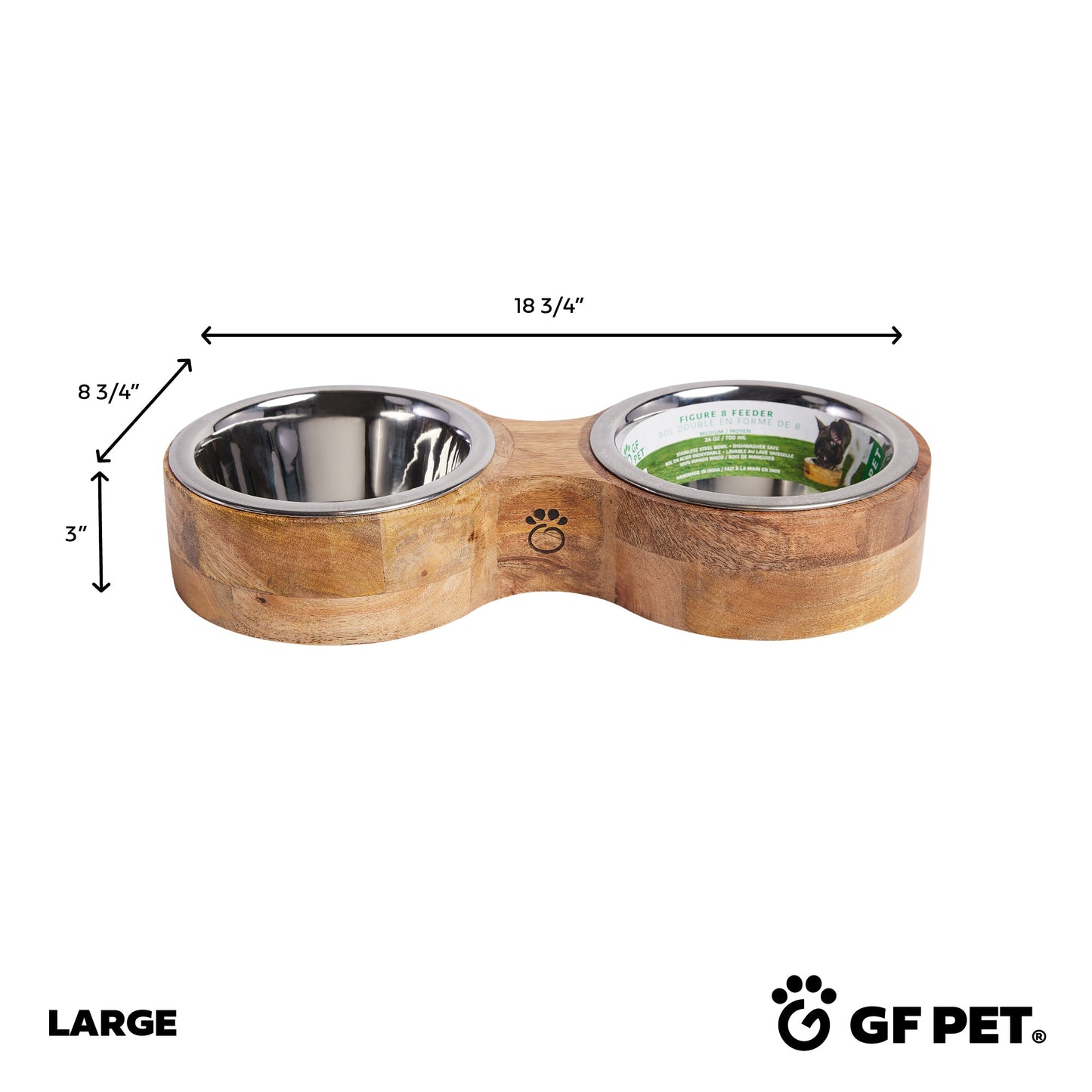 Size diagram of large mango wood double diner showing dimensions with GF Pet logo