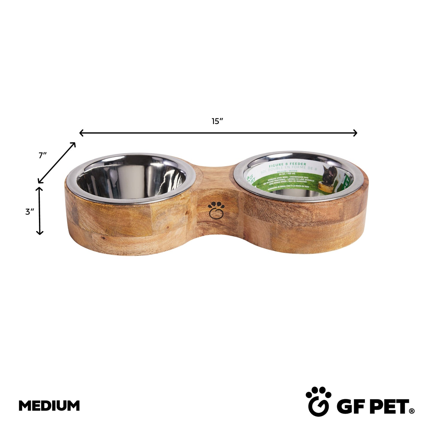 Size diagram of medium mango wood double diner showing dimensions with GF Pet logo