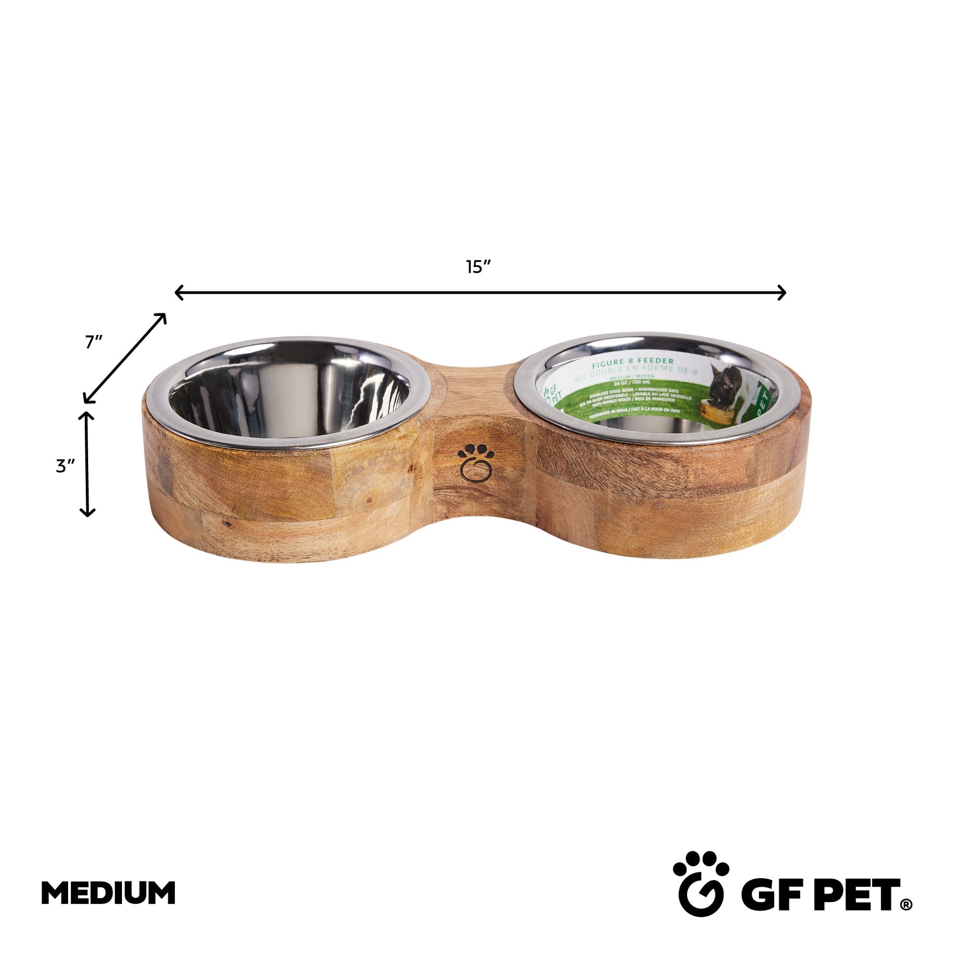Size diagram of medium mango wood double diner showing dimensions with GF Pet logo