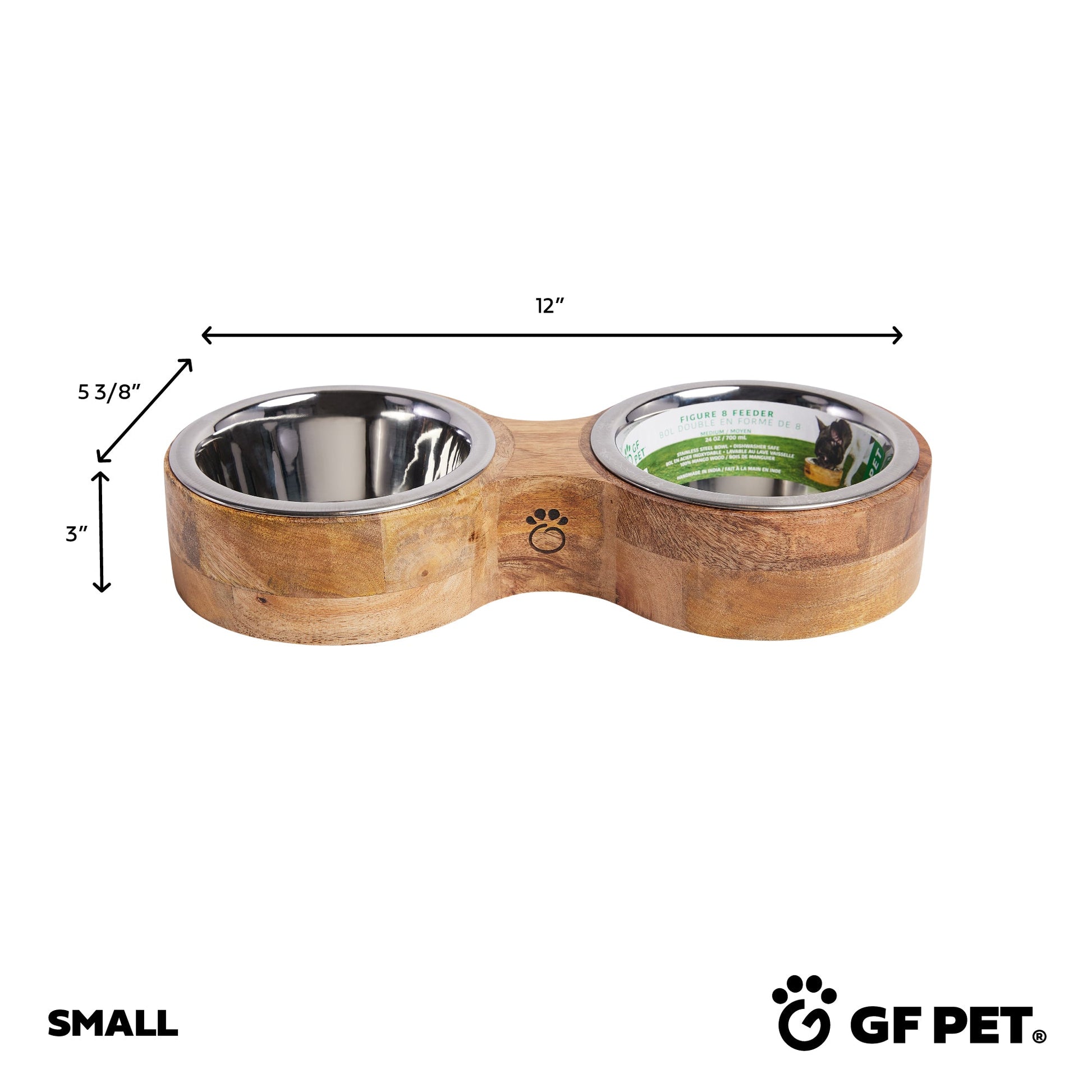 Size diagram of small mango wood double diner showing dimensions with GF Pet logo